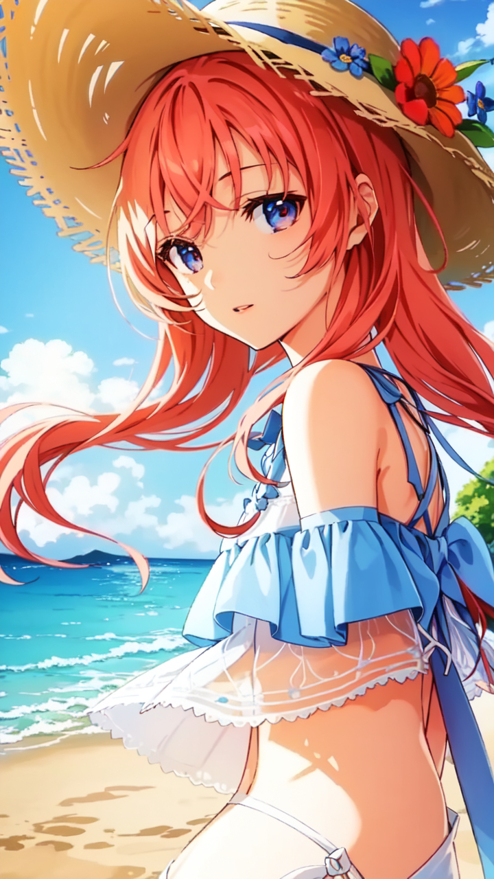 草帽女孩,海边,鲜花盛开,阳光沙滩,炫彩薄涂,唯美二次元