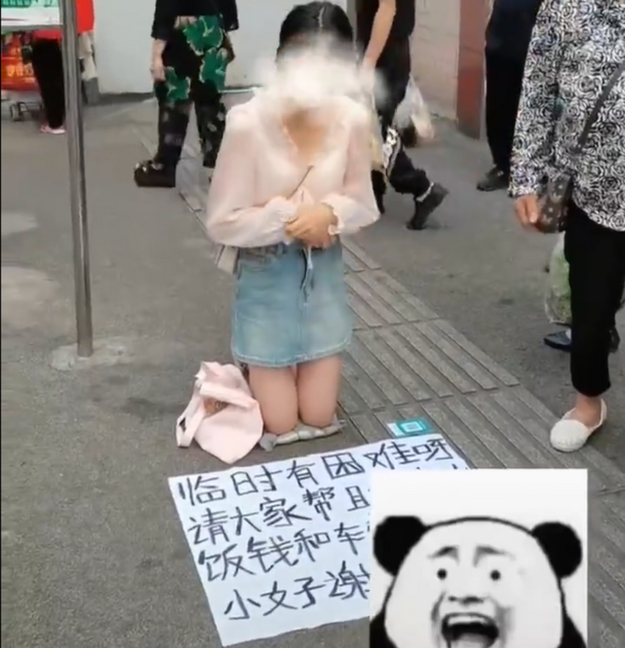年轻女子穿着干净时尚当街跪地乞讨 5月16日,四川,一段衣着体面的女子