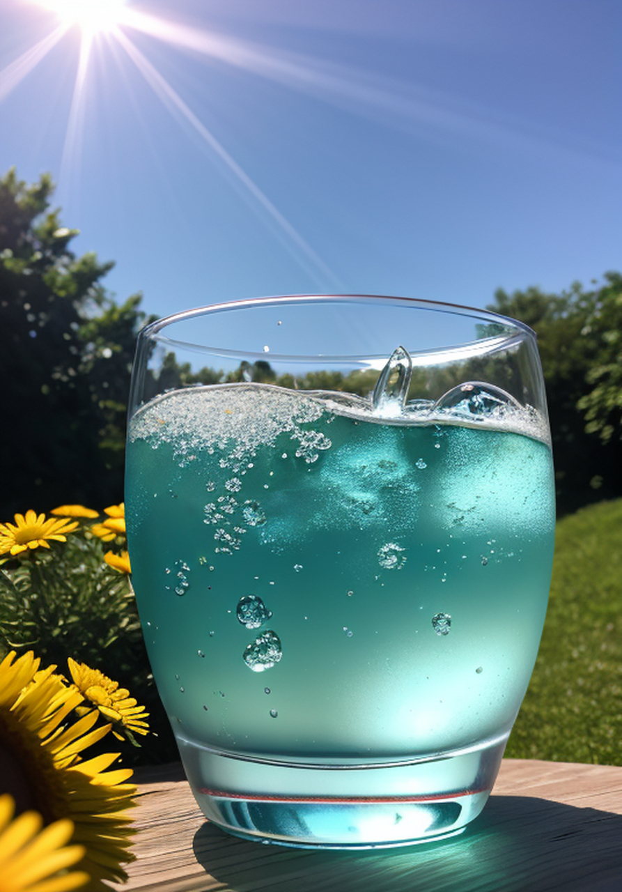 有碳酸饮料的水滴的玻璃杯,半透明液体,冰块,气泡,野餐桌布上的雏菊和