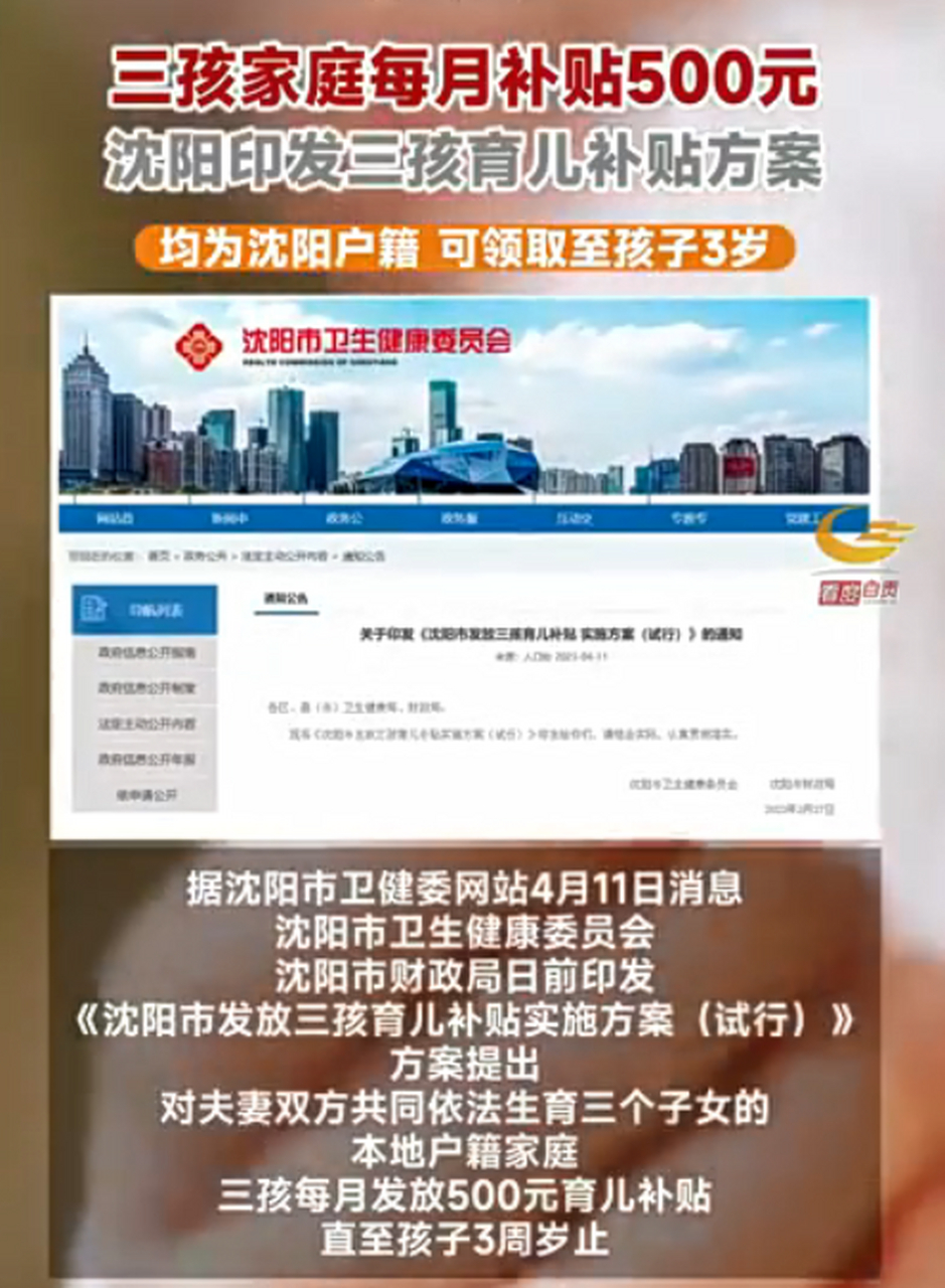 沈阳三孩家庭每月发500元至孩子3岁
