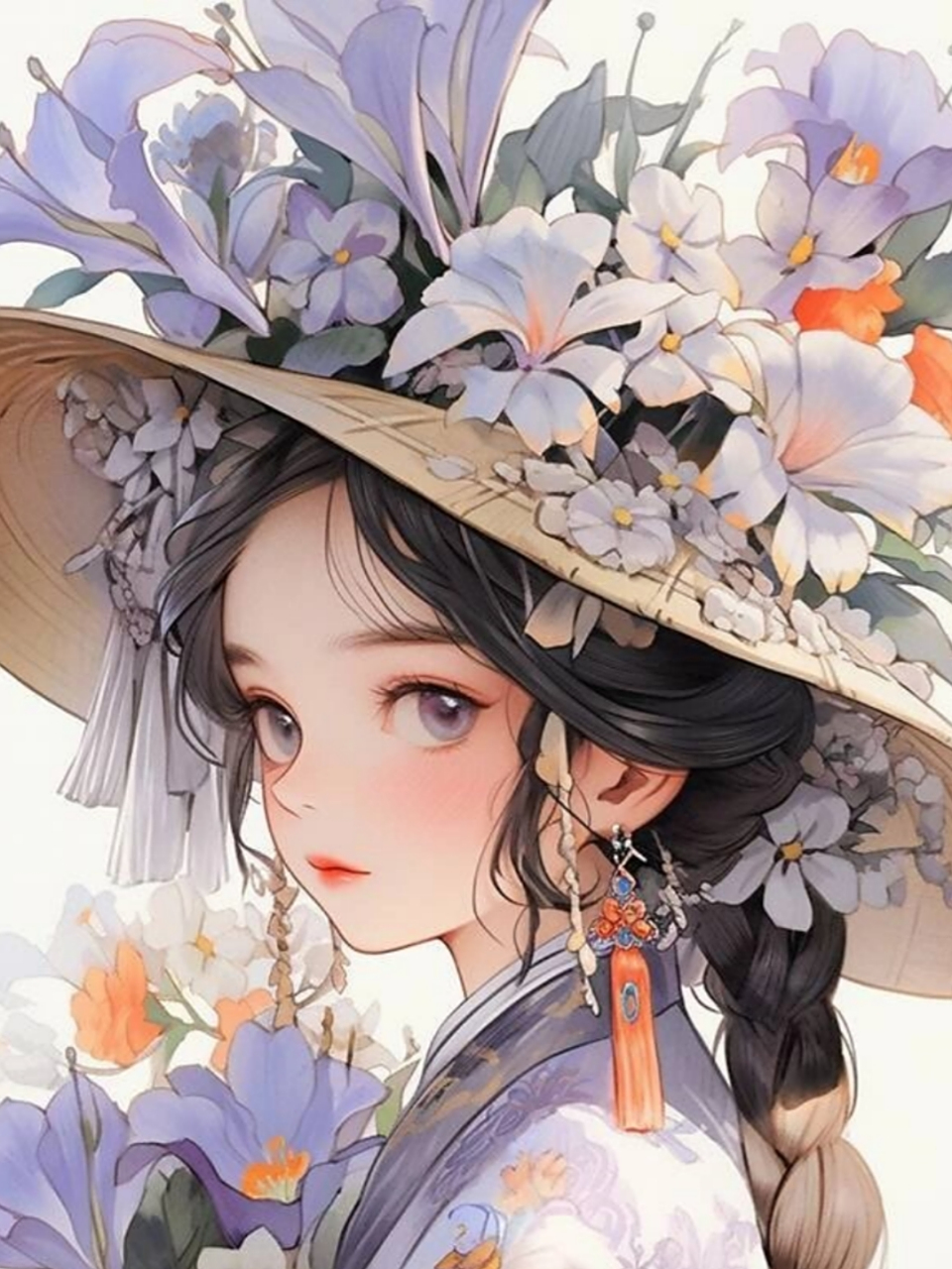 戴帽子的女孩  身着古风斗笠的女孩,依然钟爱被鲜花簇拥的感觉.