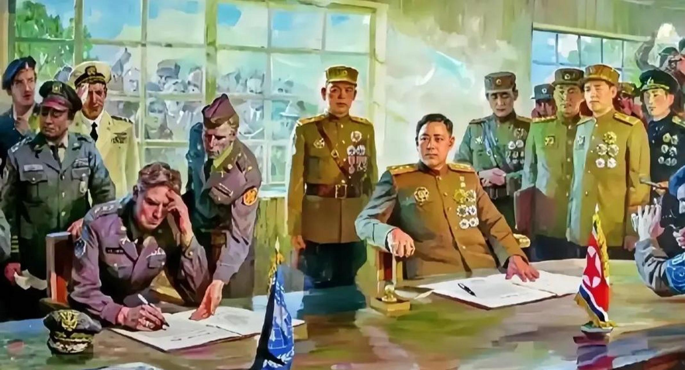 在朝鲜战争停战协议签订的历史场景中,油画展现了令朝鲜人民引以为豪