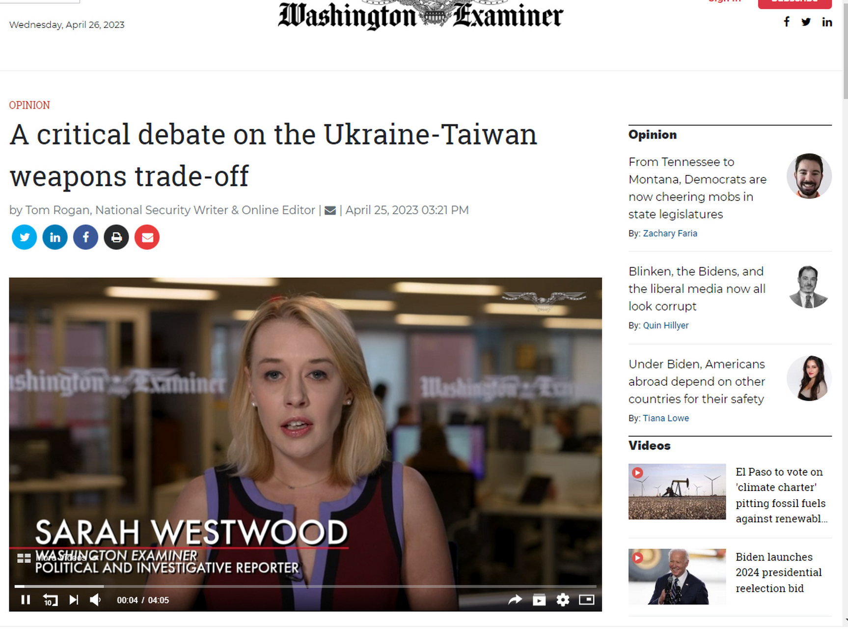 《washington examiner》的报道指出,"美国向乌克兰提供的武器支持