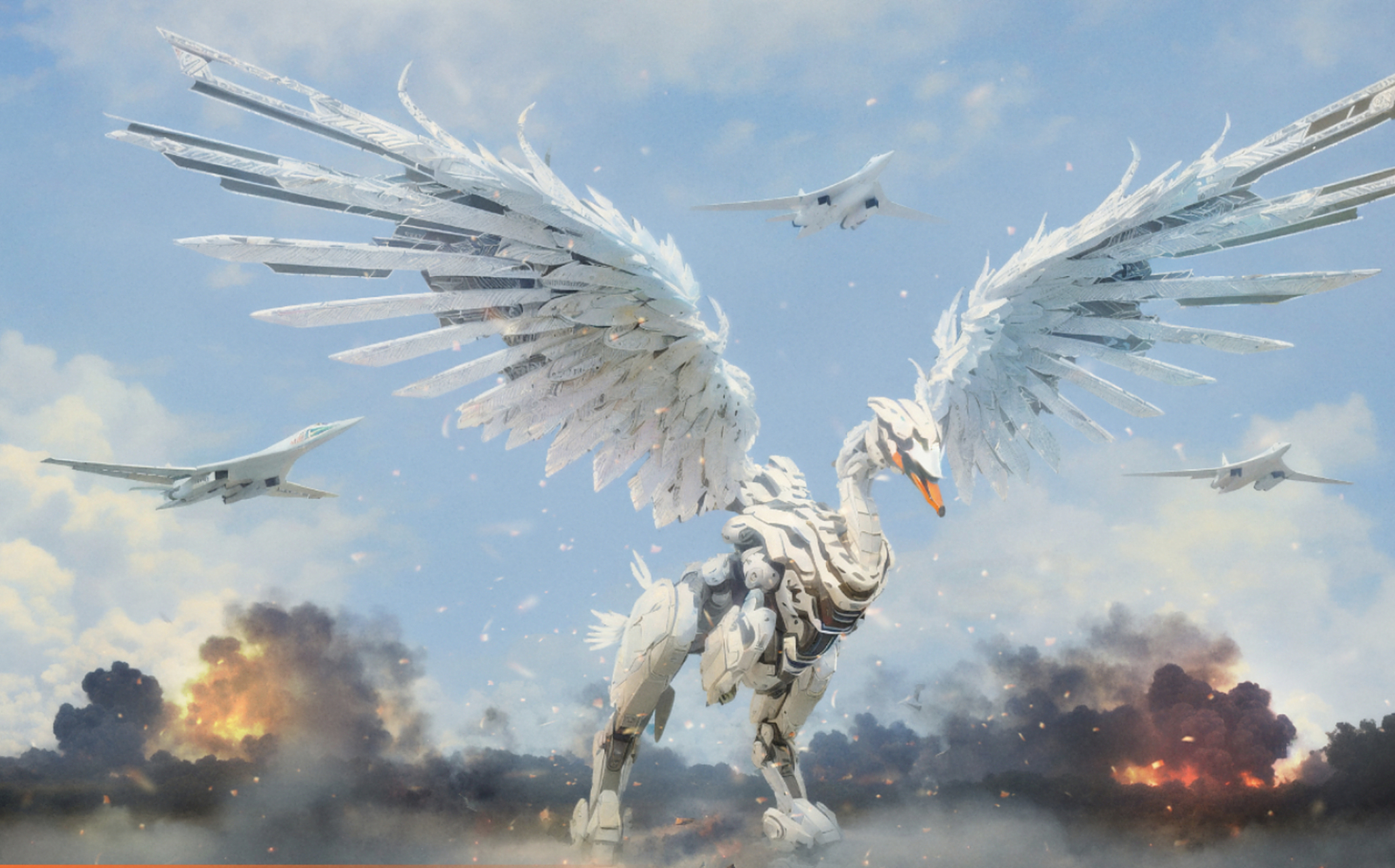 俄罗斯ai艺术画:机械白天鹅与俄罗斯空天军图-160战略轰炸机,机械鳄鱼