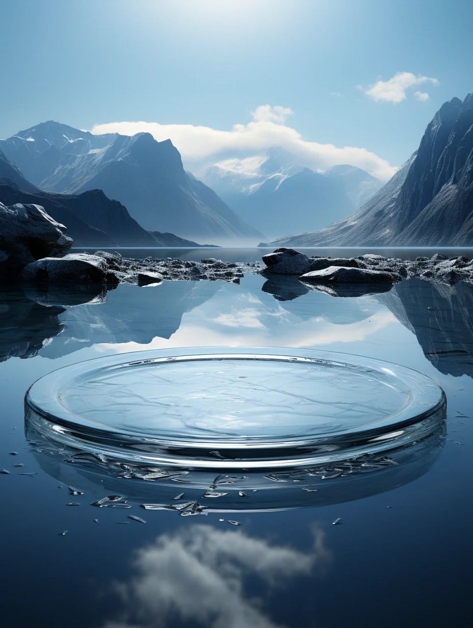 冰雪湖面空镜展台海报  冰雪的背景,结冰镜面的湖面,雪白的展台,灵动