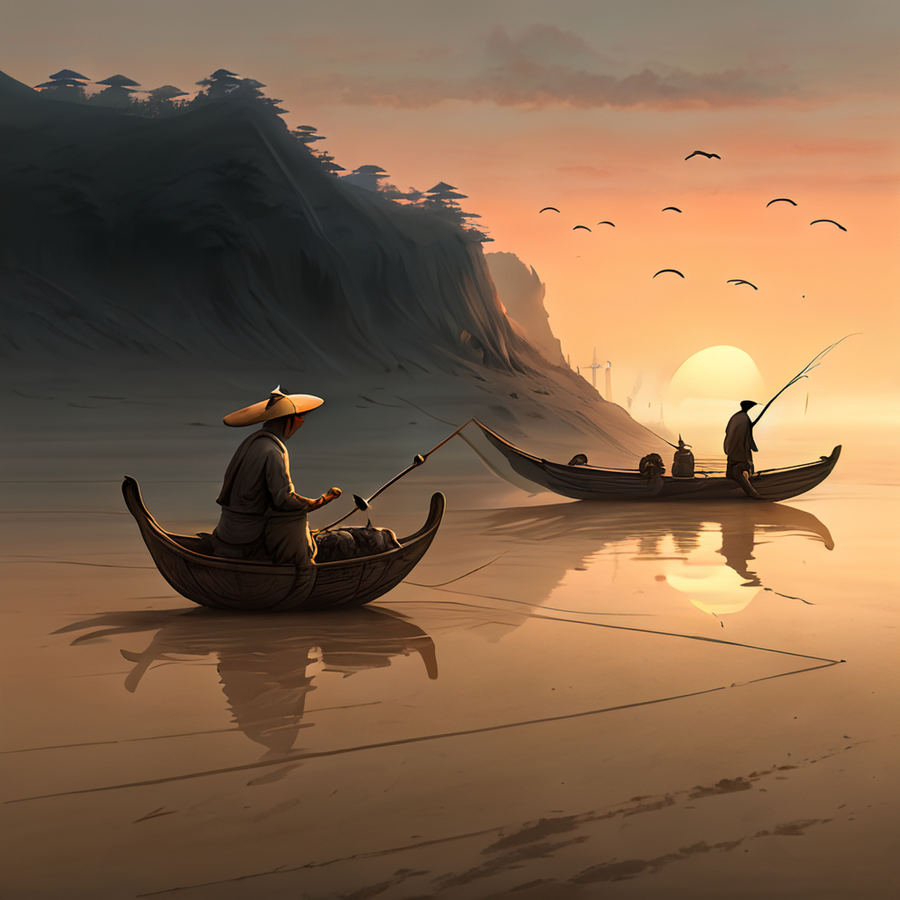 古风绘画,中国风,描绘古诗词,古典美.日暮人归尽,沙禽上钓舟.