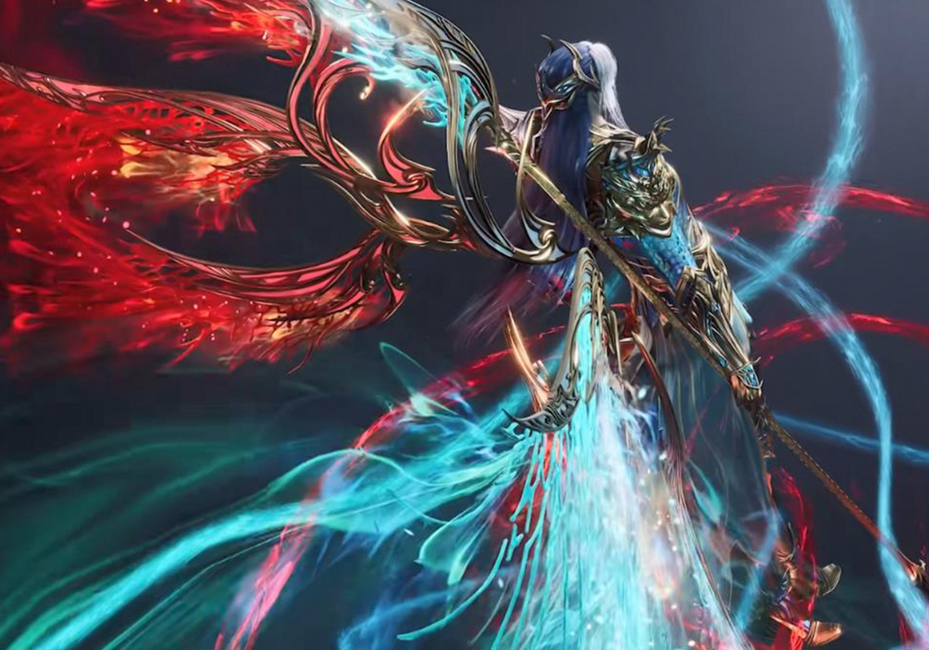 唐三双神共存神装造型,红蓝配色,手执两大神器,被染红的海神八翼有点