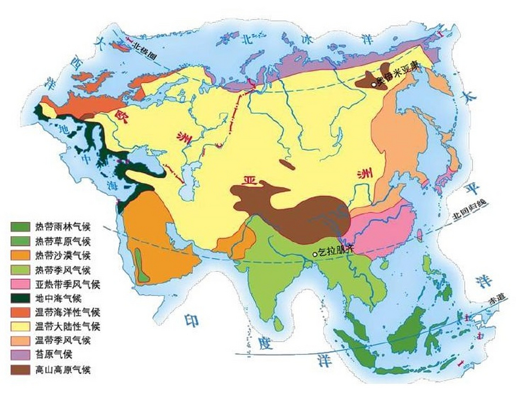 亚欧大陆气候分布图,东部季风气候显著,分布着热带季风气候,亚热带
