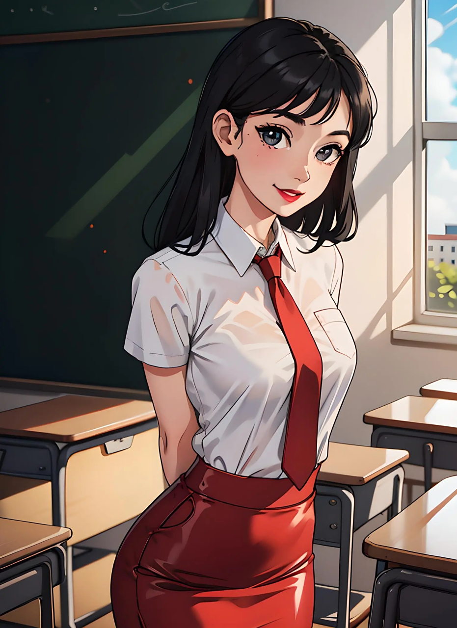 二次元学姐风动漫壁纸:纯白之美,红领相映 碧玉般的皎洁白衬衫,与她那