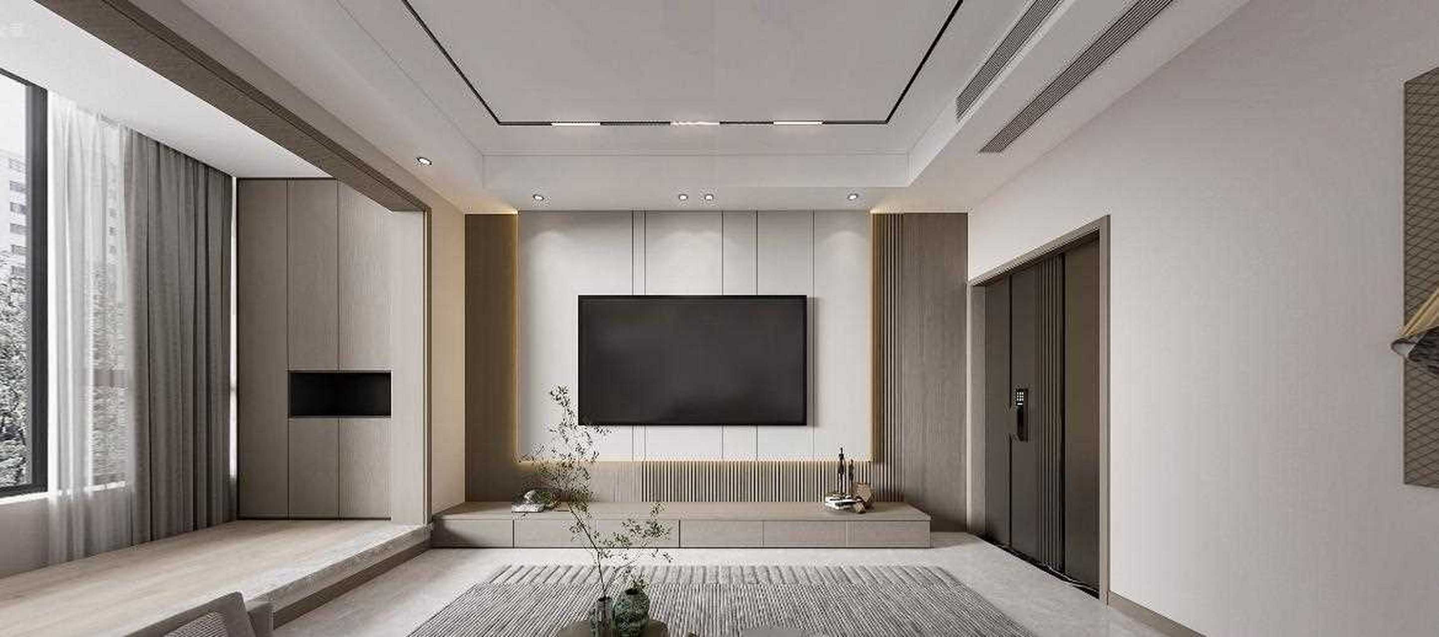 1客厅电视背景墙采用大理石或护墙板结合木色电视柜的设计手法.