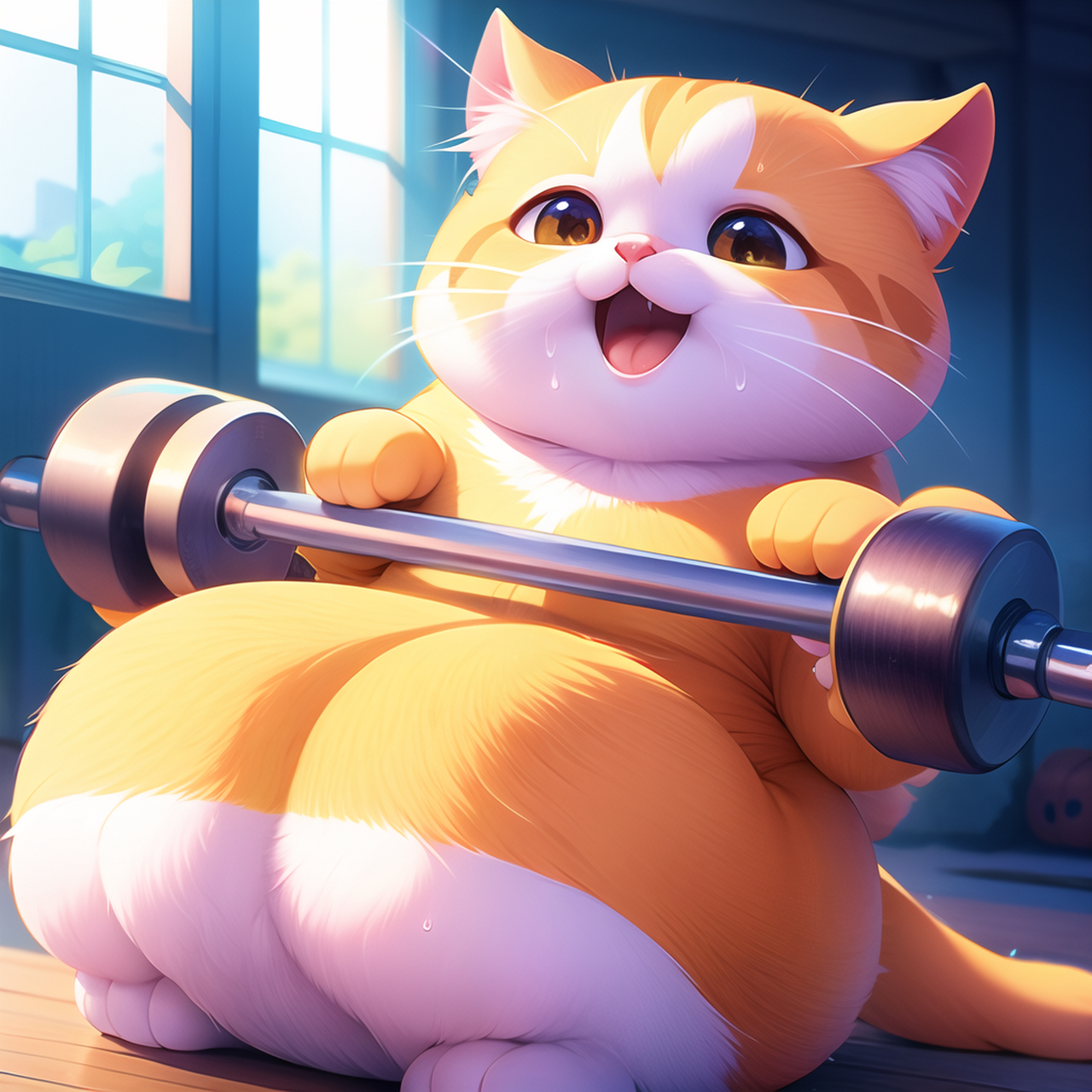 可爱橘色猫咪要减肥啦,跑步游泳举哑铃打拳骑自行车,七月不减肥,八月