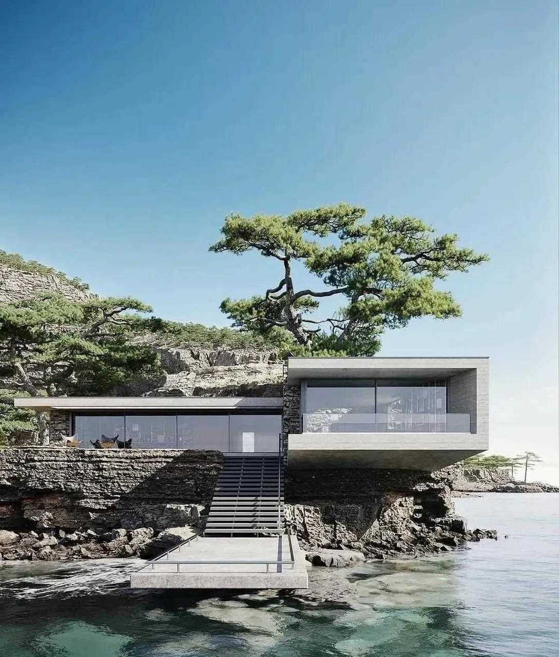 湖岸岩层现代工业风极简主义设计度假别墅[射门] 关注我,每日更新的
