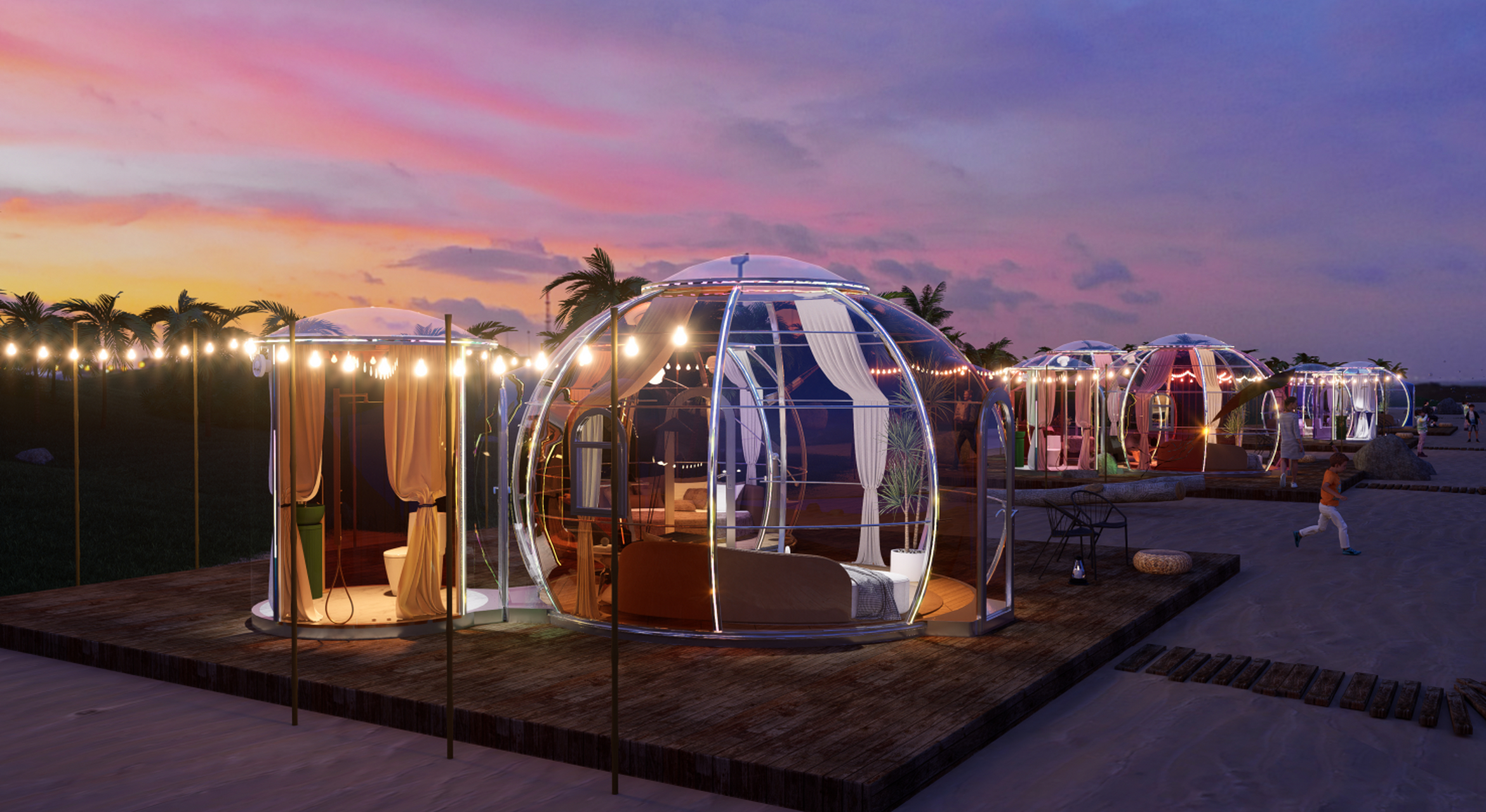 这次采用的是户外星空泡泡屋,浪漫的泡泡造型搭配夜晚的氛围灯光