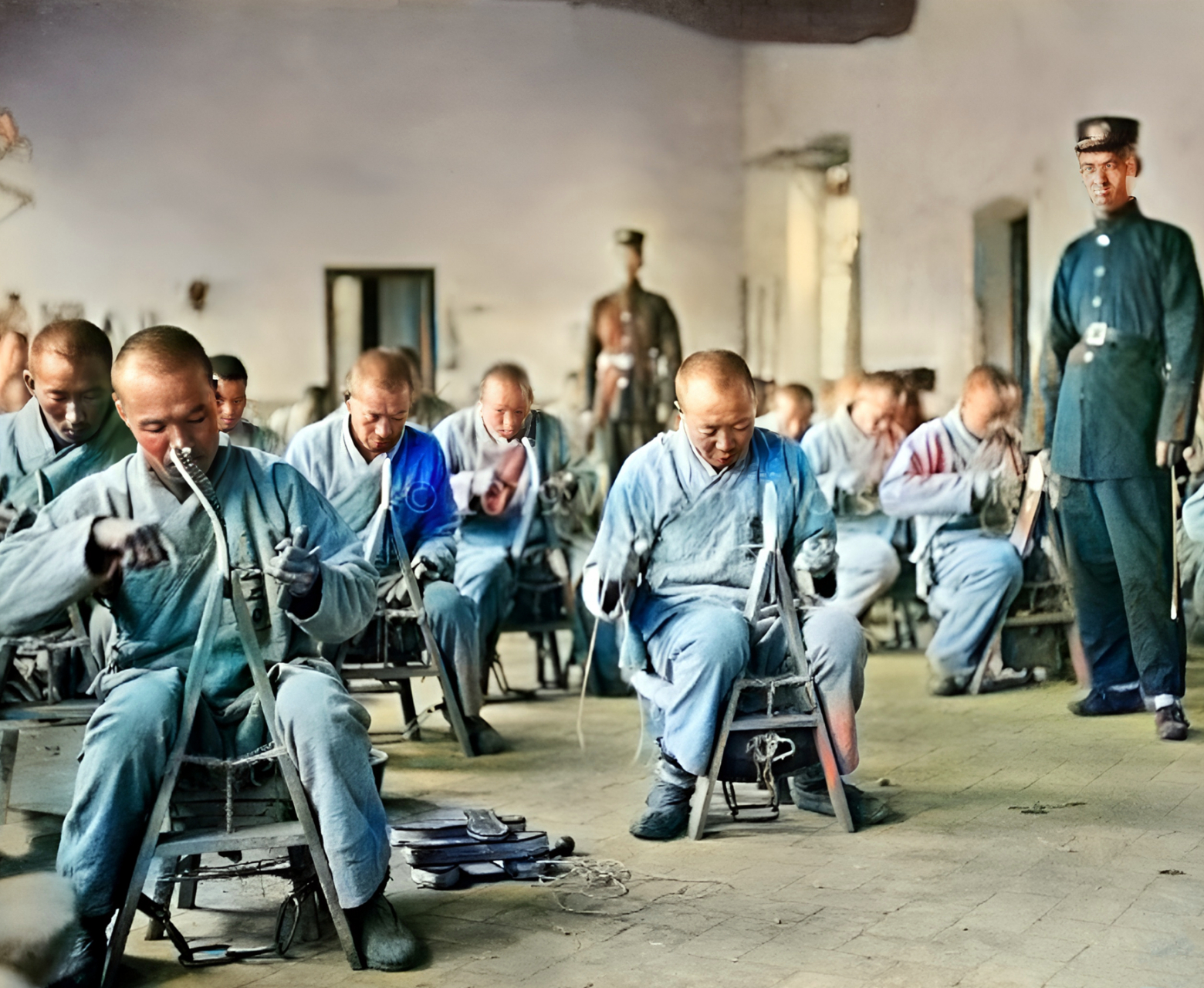 1922年,山西汾州的一所模范监狱内,一群犯人正坐在屋里认真地纳鞋底.