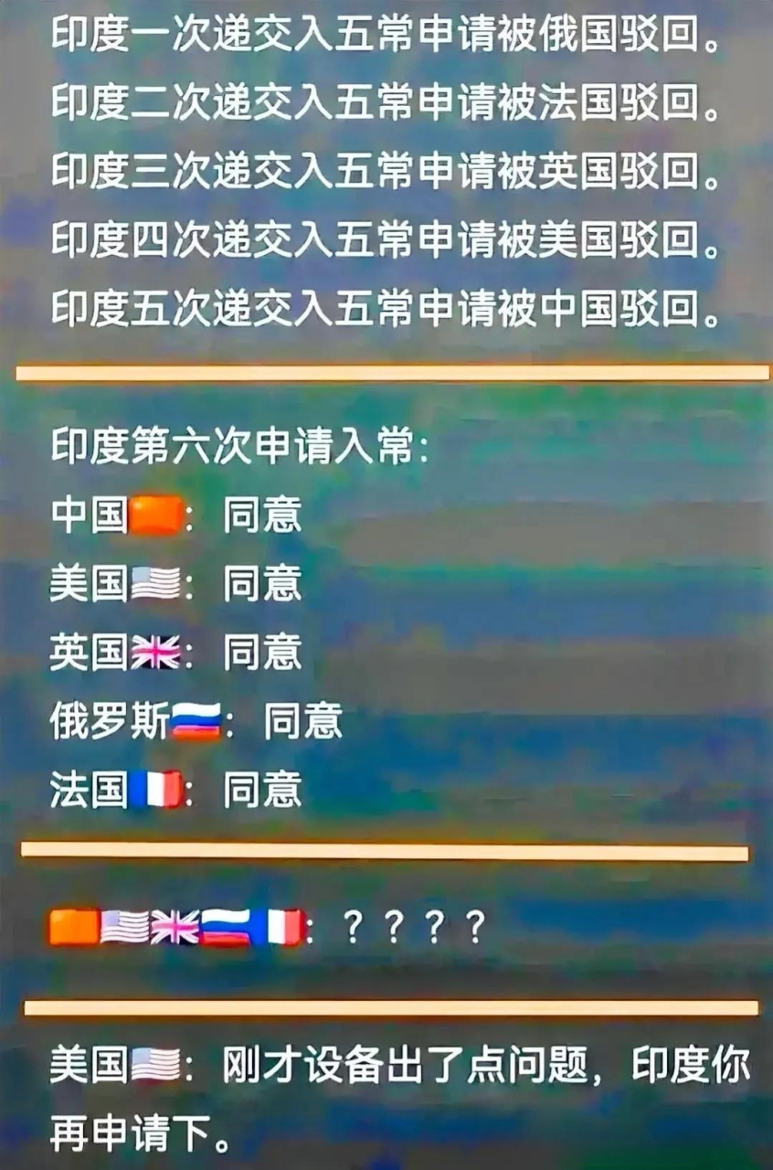 2021年印度第6次申请入常,美国最终再次投下反对票,并因此制定了一条