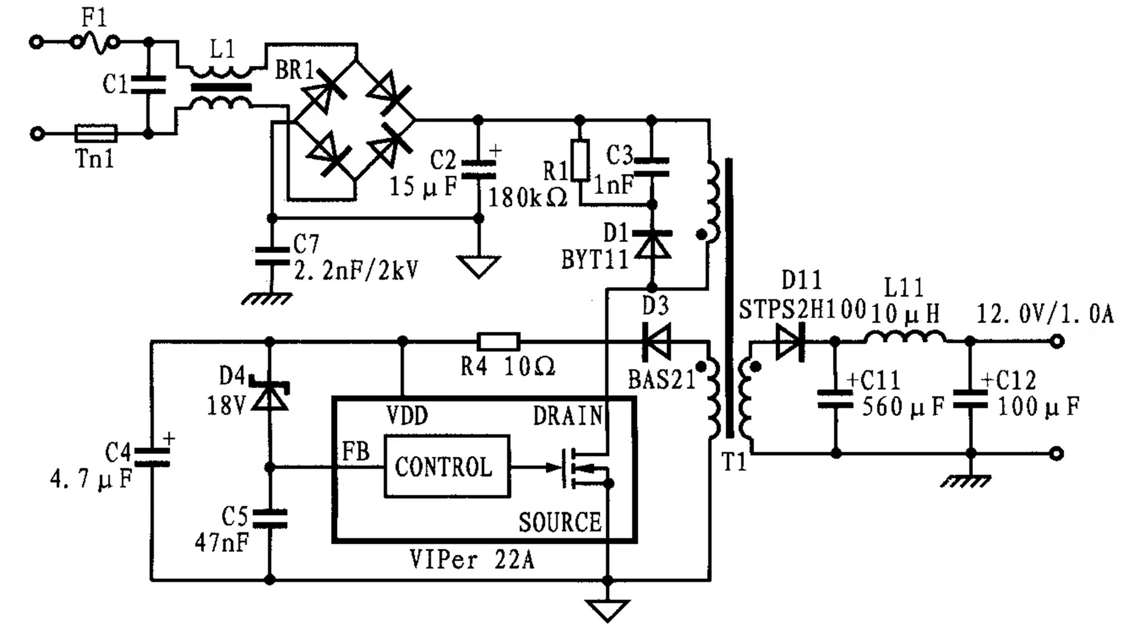给大家分享一个viper22a芯片构成的开关电源电路图