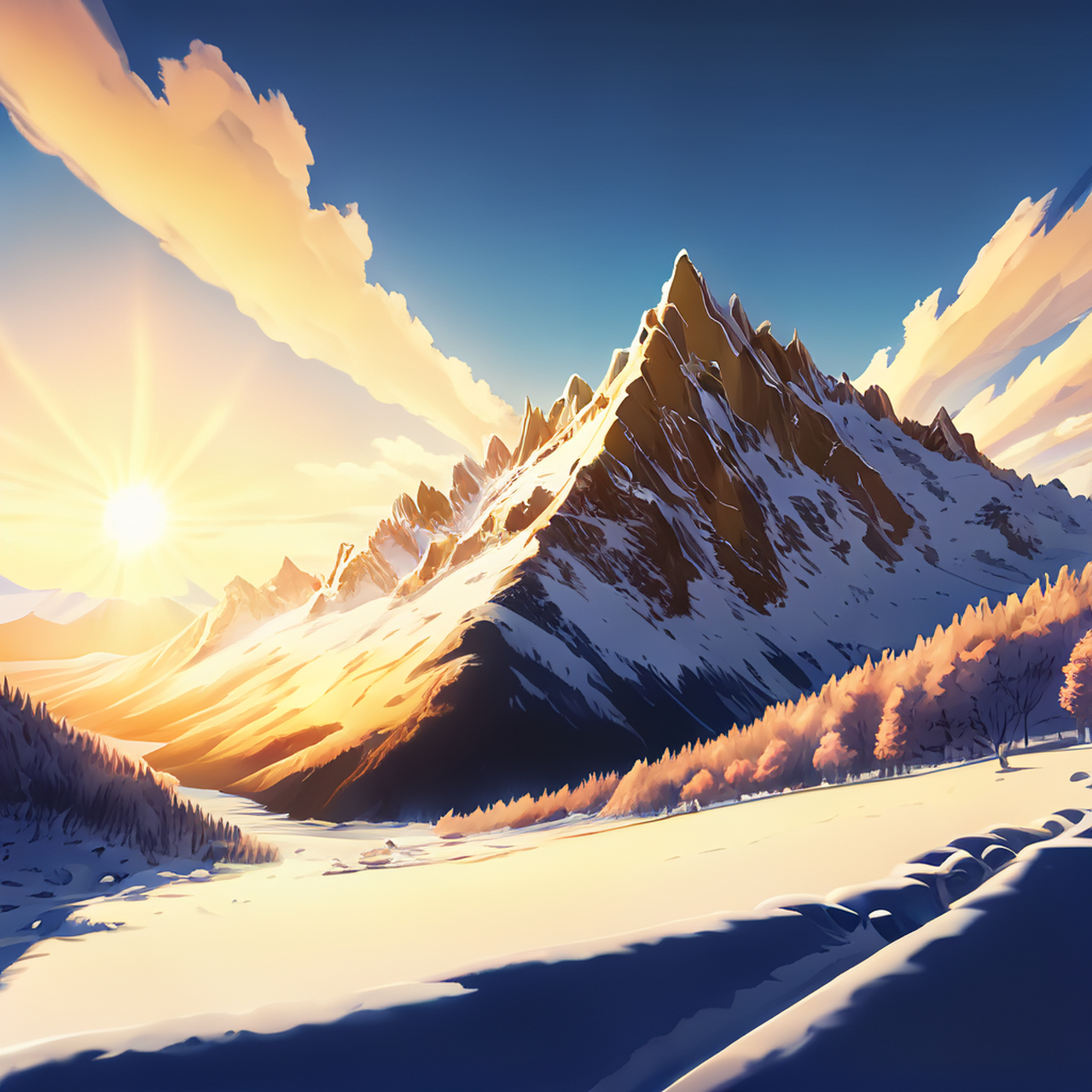 阳光金山风景,冬天,动画风格,超广角镜头,美丽,明亮的光线#百度ai绘图