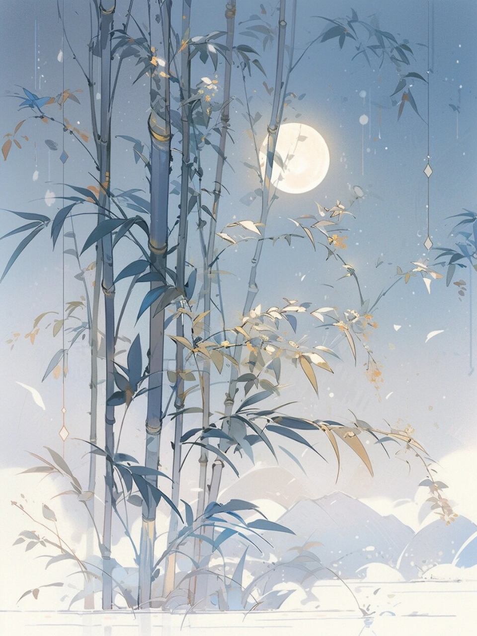 风徐徐,月下竹悠然  微风轻轻拂过,月光下竹林悠然自得.