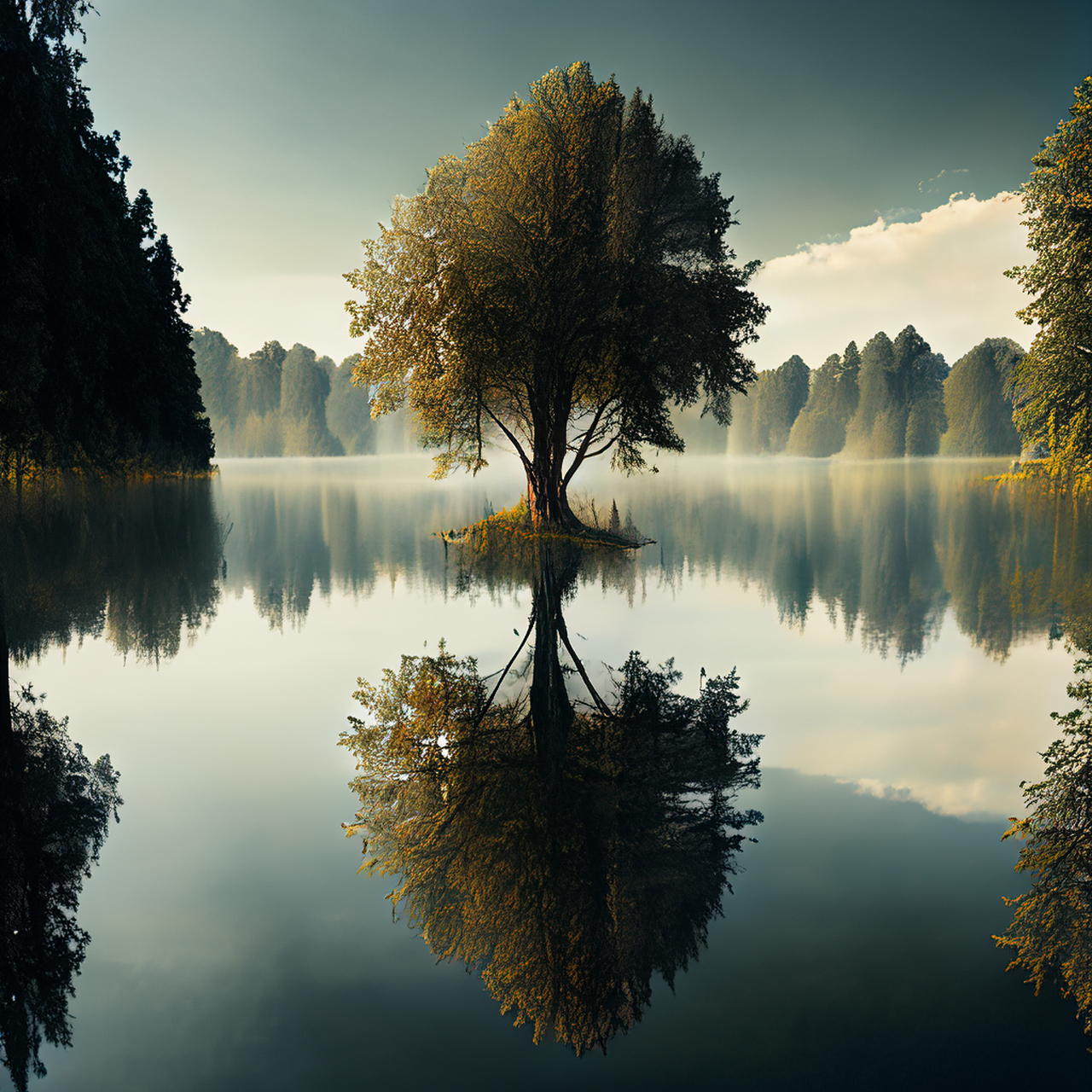 湖边的树木繁茂,倒映在湖水中,仿佛一副绝美的画卷.