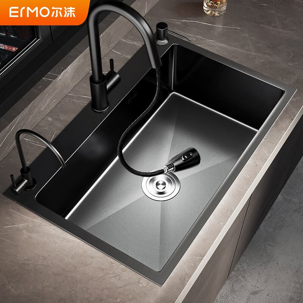尔沫(em) 洗菜盆单槽黑色手工304不锈钢洗菜池菜盆台上台下盆纳米大单