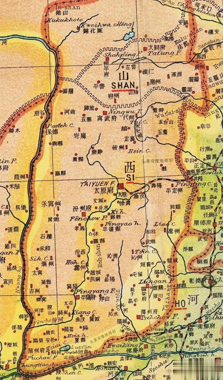 1908年,清末美国人绘制的山西地图,个别地方用英文标注,界区线非常