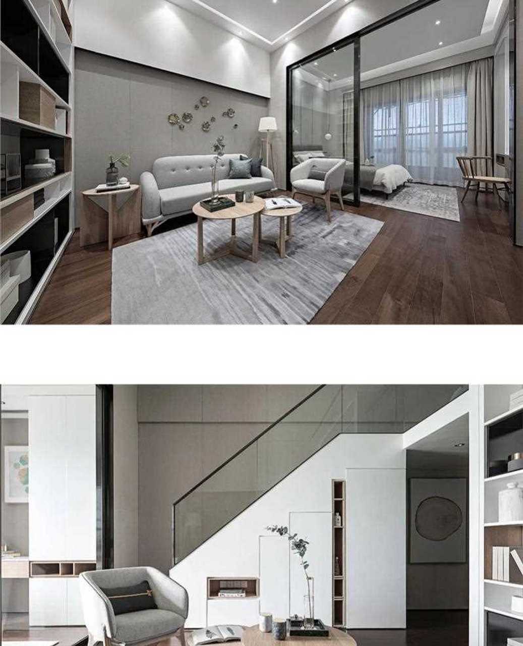 客厅挑高3米6,整体地面以木地板的设计,天花采取无主灯的吊顶设计,让