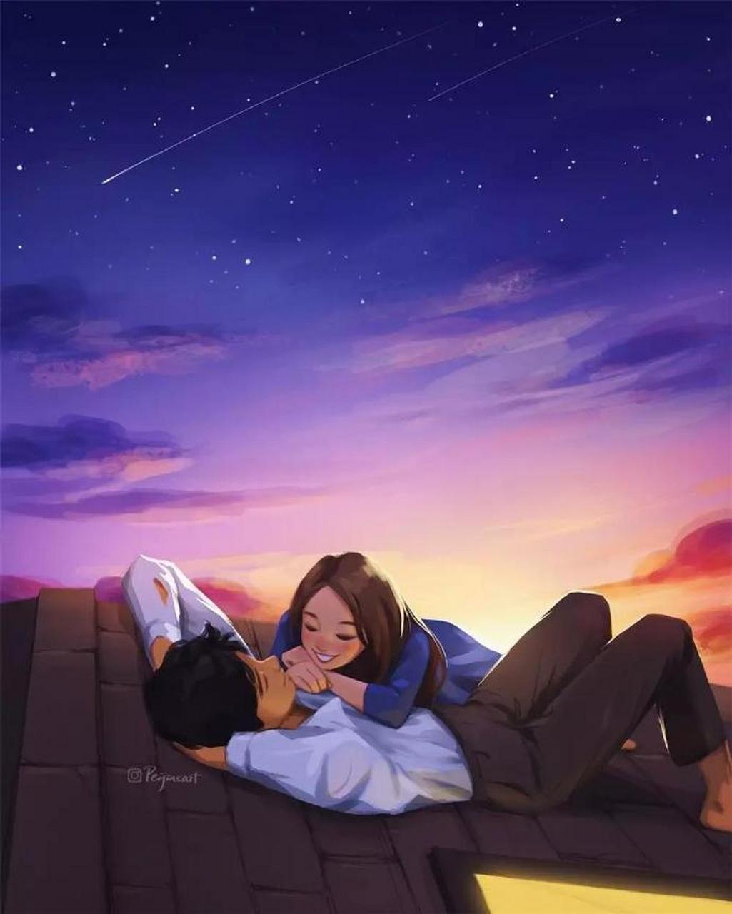 [星星]光影柔美的治愈系情侣插画[星星] 画师:peijin 不介意你来晚,但