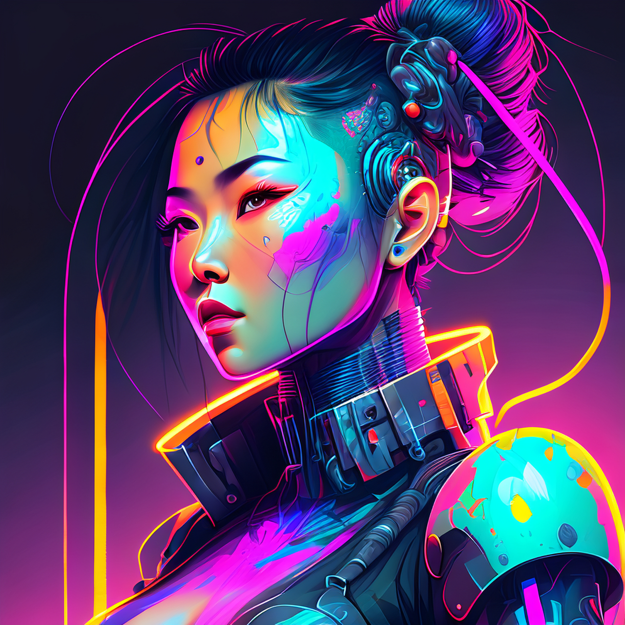 一个女性赛博朋克半机械人的海报,艺术作品,鲜艳的色彩,激光,霓虹灯