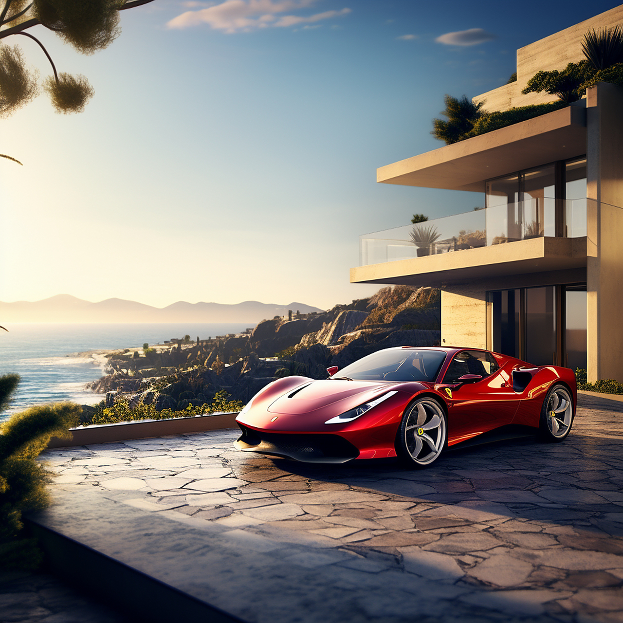 ai作图分享,国庆快乐,跑车,豪宅,美景 prompt: 一辆法拉利概念车在