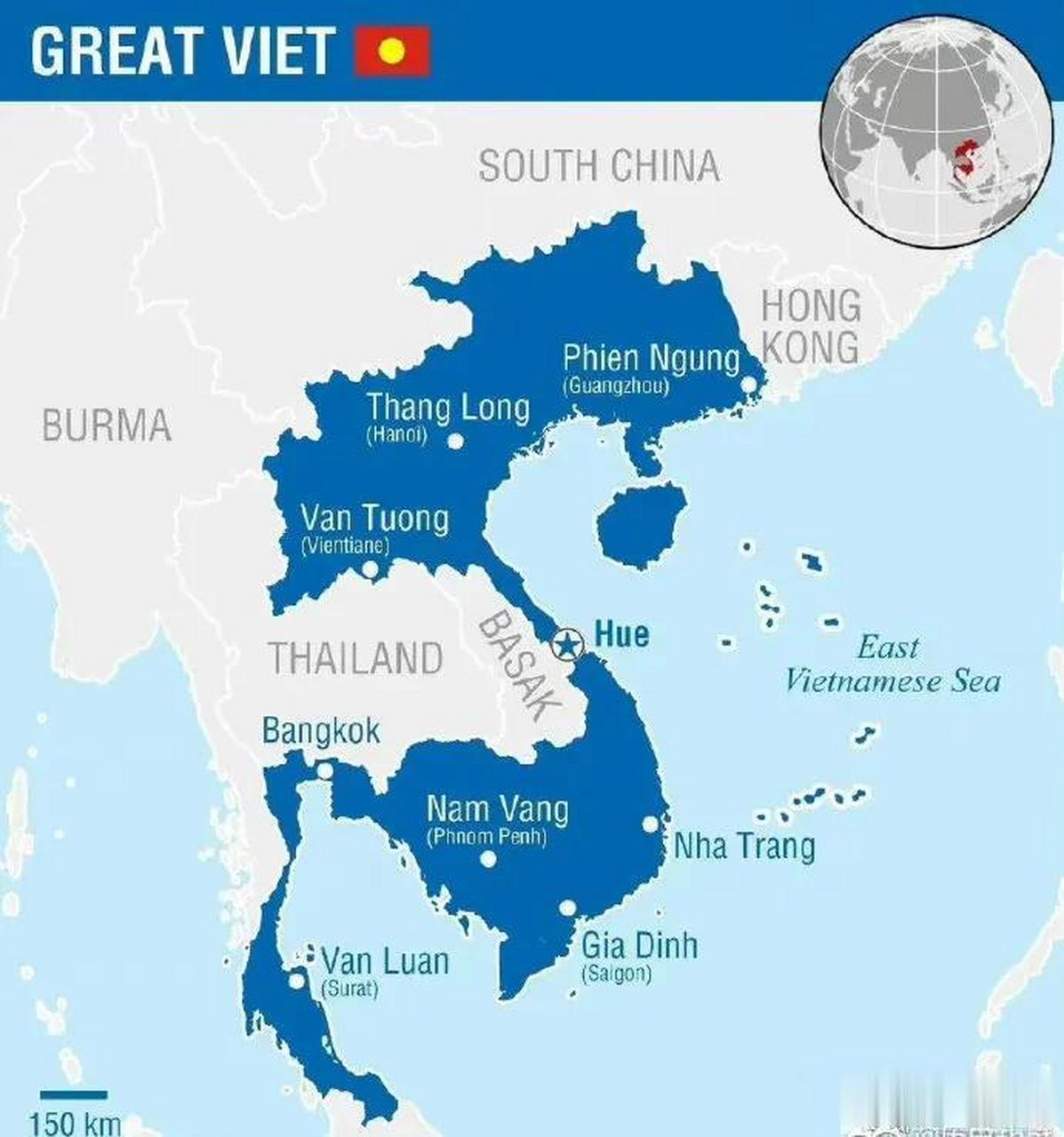 越南人理想中的"大越南帝国",包括了我国的两广地区,泰国南部,柬埔寨