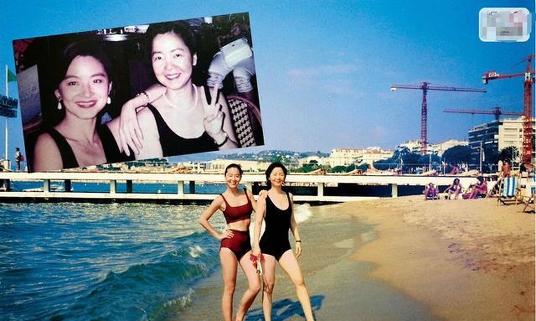 照片中,天后邓丽君一袭黑色连体泳装,从脖颈到胸口一大片的雪白肌肤