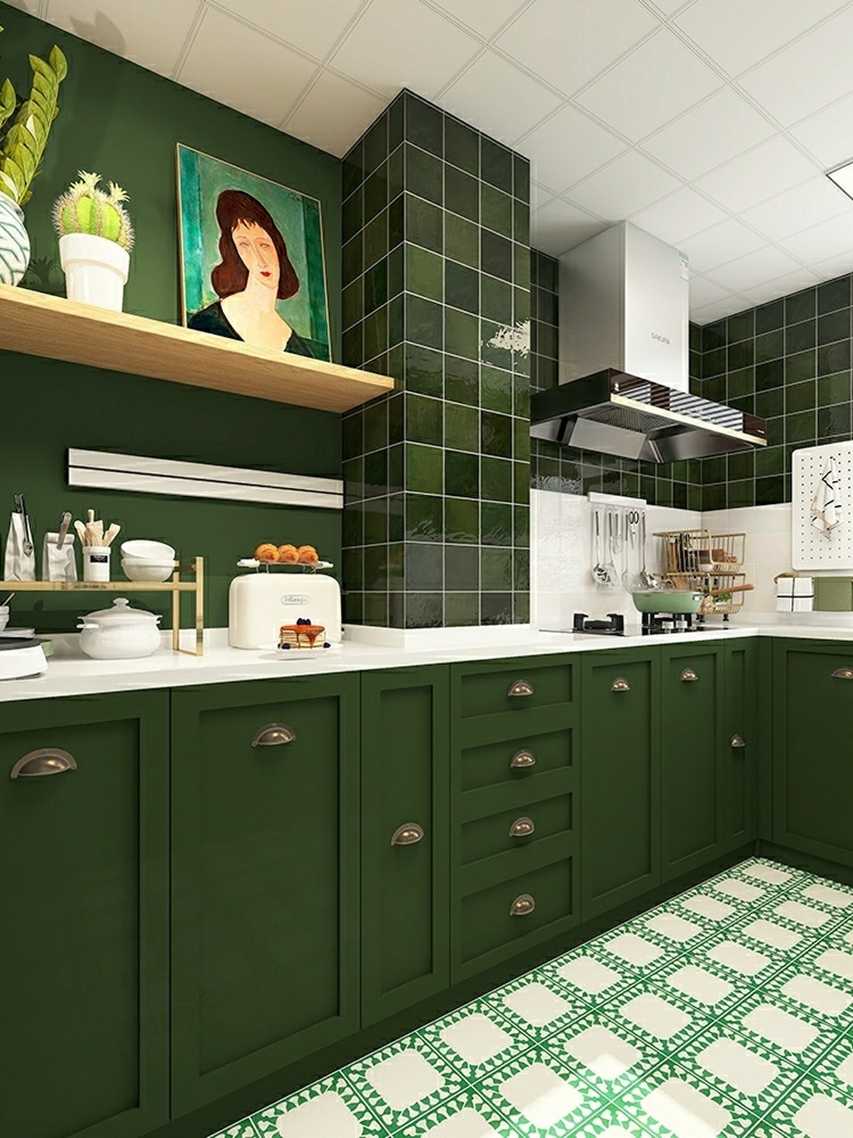 绿色 白色的经典搭配,再加上一点金属色点缀,既复古又摩登,精致的厨房