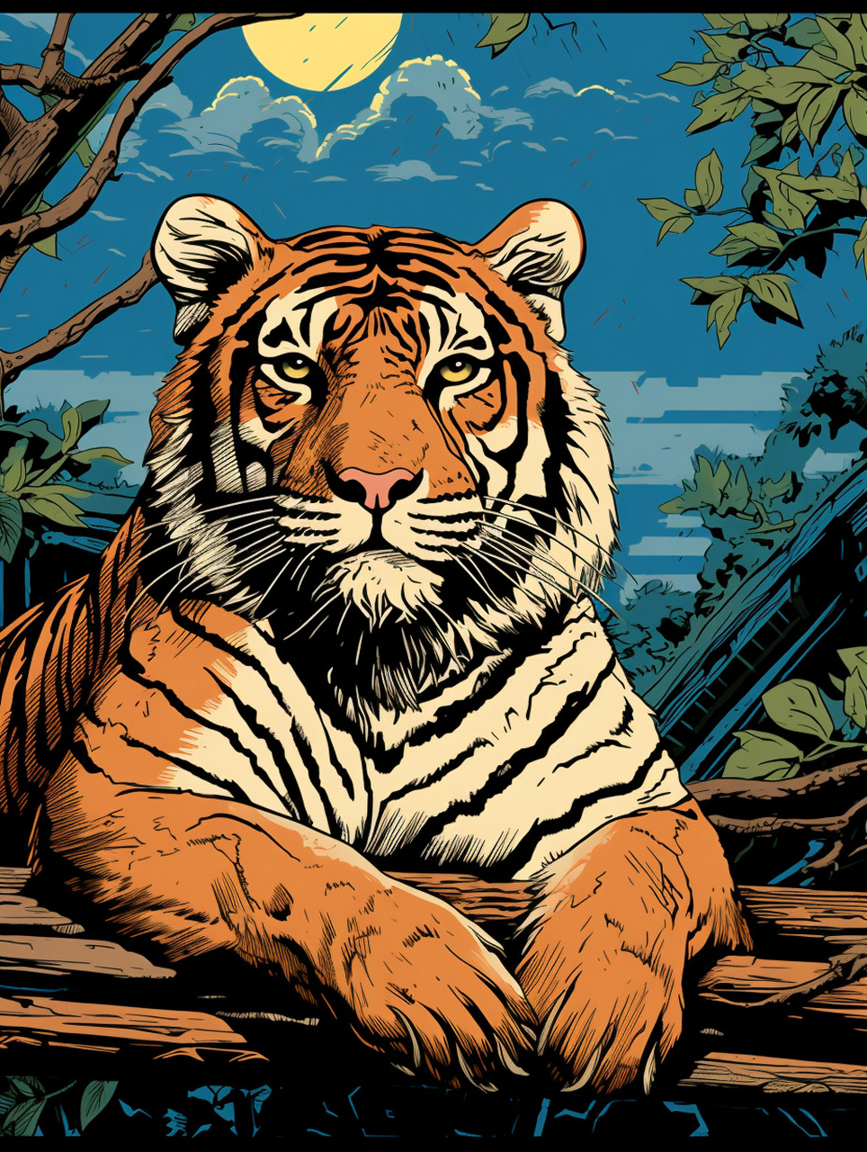 关键词 lino cut of a tiger, reddish - brown hair, black