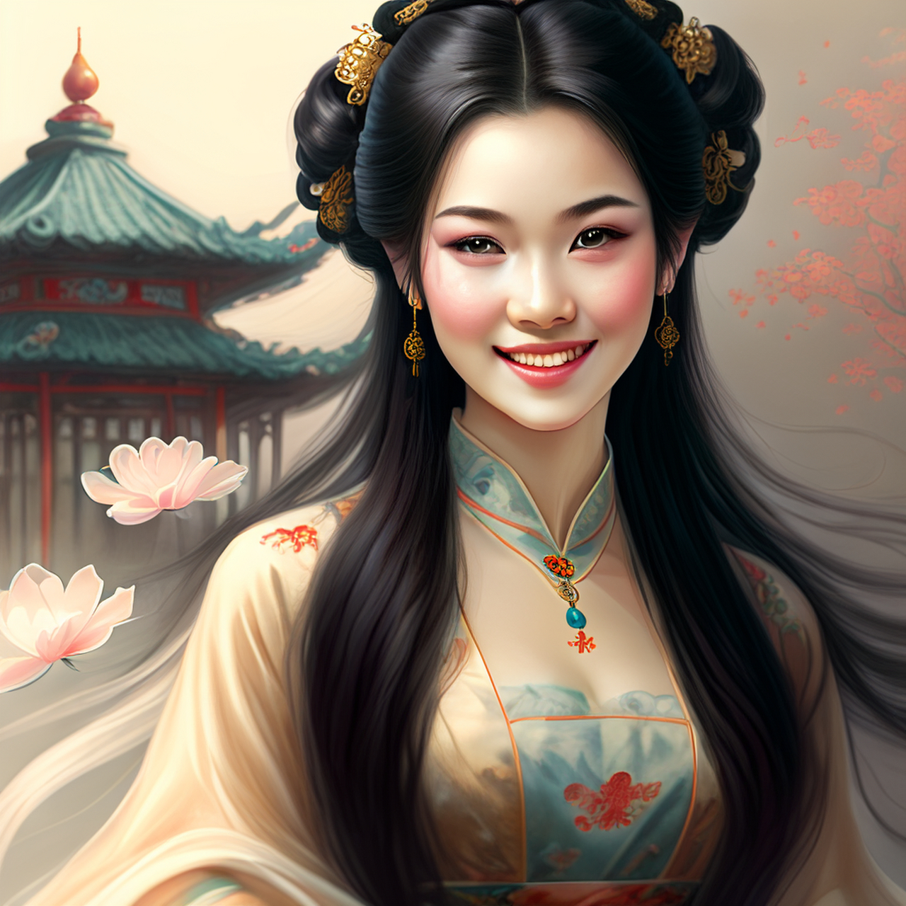 "古典美女,长发飘逸,身材窈窕,明眸皓齿,微笑带小酒窝"    ai 生成