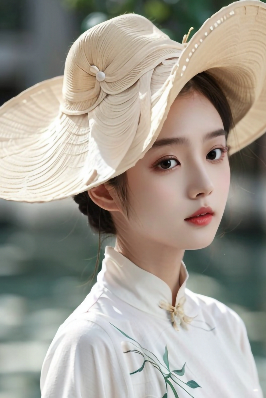 民国风清纯美丽女孩写真,国潮汉服美少女摄影艺术照,烈焰红唇,大眼睛