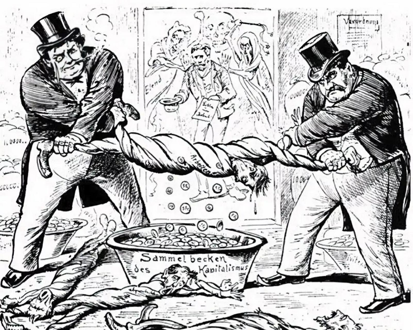 1895年讽刺资本家压榨工人的法国漫画资本家的本质从未改变,一百年前