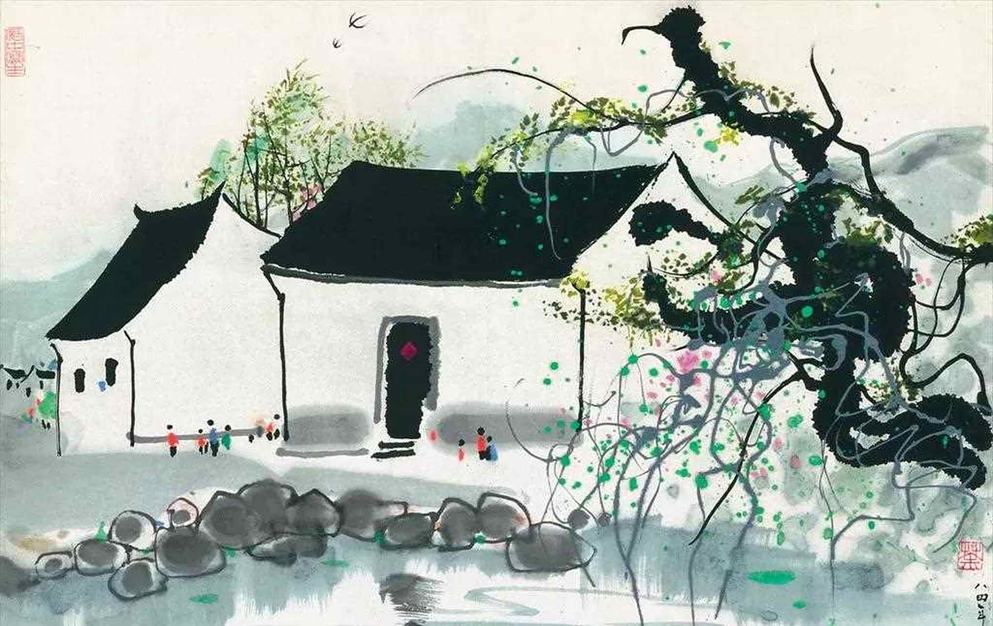 《雨过山村》 雨过鸡鸣一两家,竹溪村路板桥斜