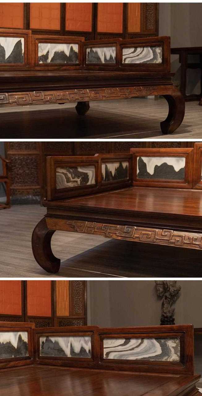 清 红木镶云石拐子纹七屏式罗汉床 尺寸:2246×1615×955 价格:226000