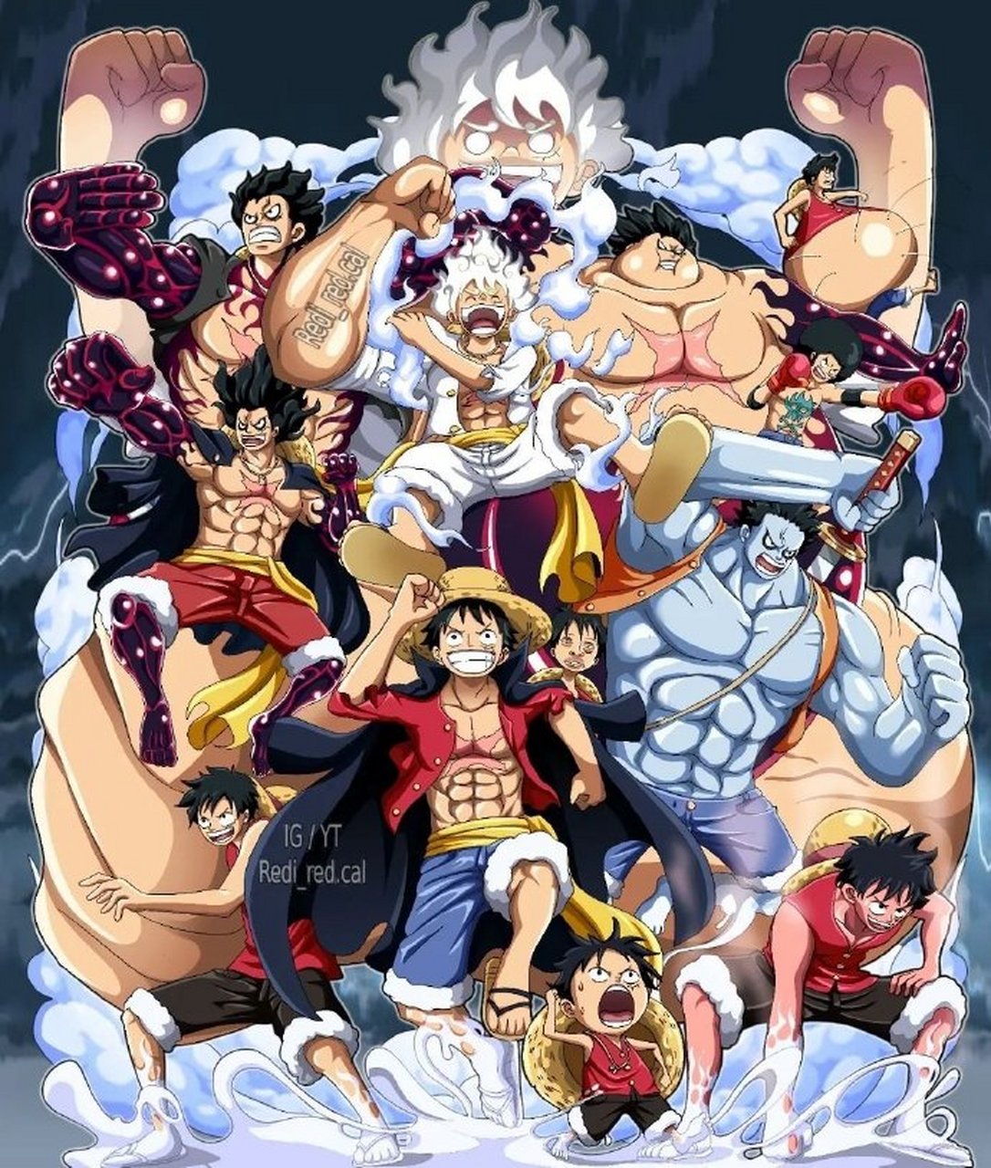 画师绘制《海贼王》故事中路飞的所有形态 原来路飞有这么多形态了呀