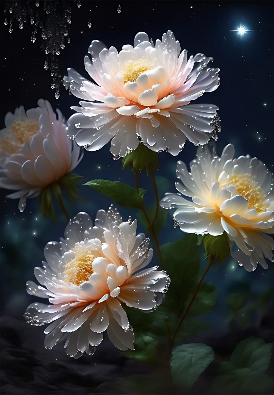 这是一朵柔和的玫瑰花, 叶子上雨水滴滴答答, 花瓣清晰得如梦似幻, 大