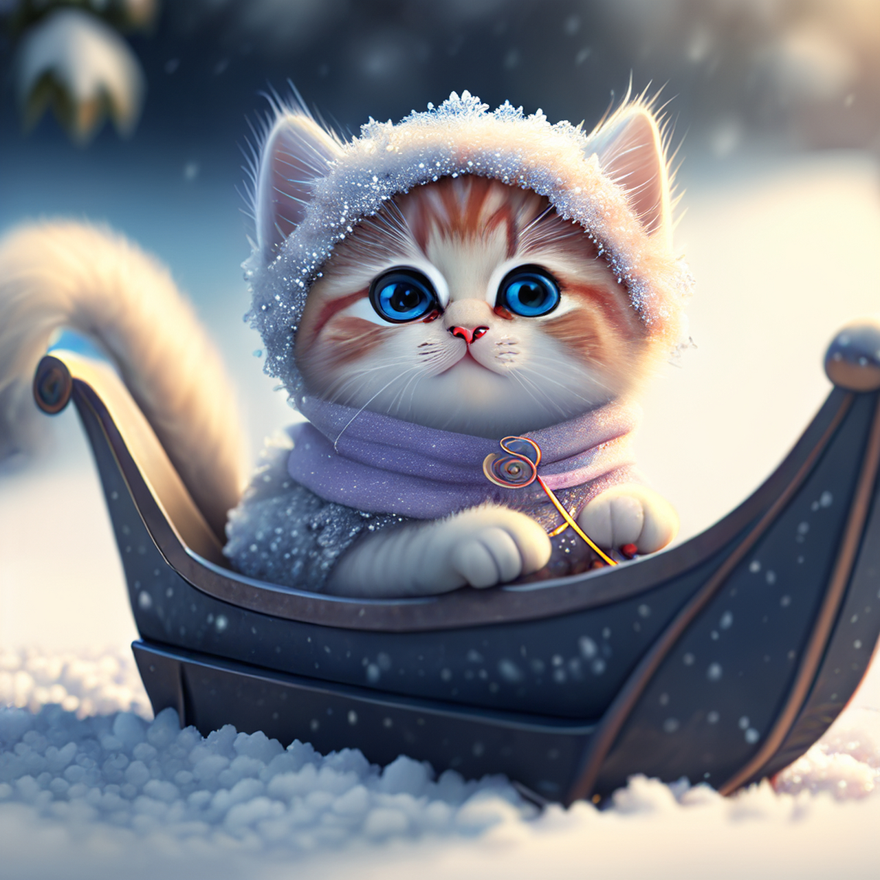 可爱的小猫打扮成雪女王,皮克斯风格,拟人化,花园里的雪橇,在艺术台上