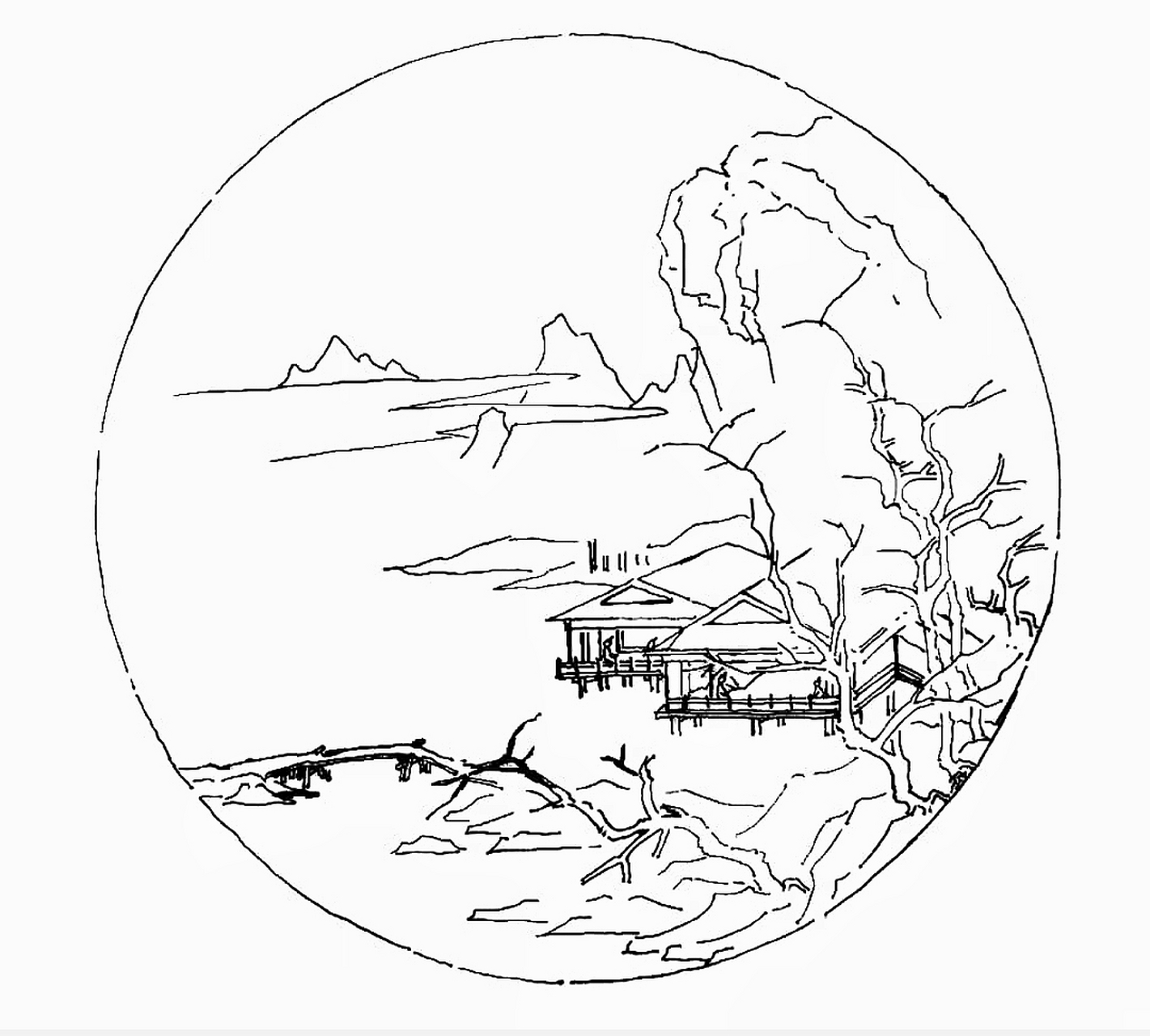 山水画高清图加白描底稿 长按图片可以