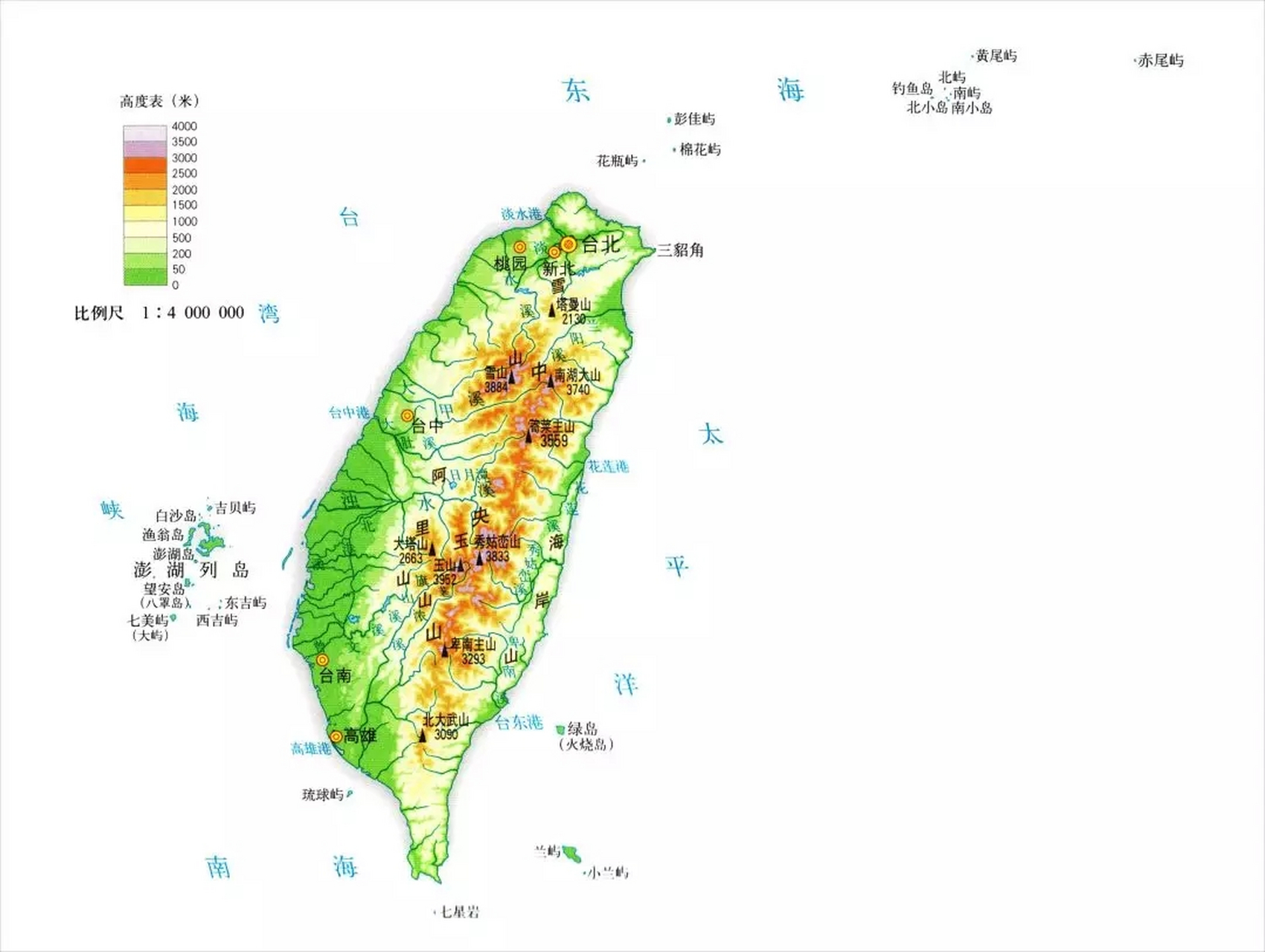 台湾省地形图.台湾省以山地丘陵地形为主,地势中部高四周低.