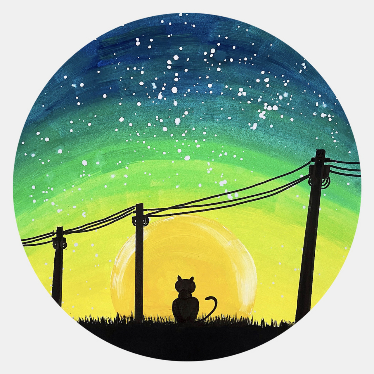 创意儿童画·《猫咪的夜晚》·少儿创意绘画[no] 夜幕降临的星空和小