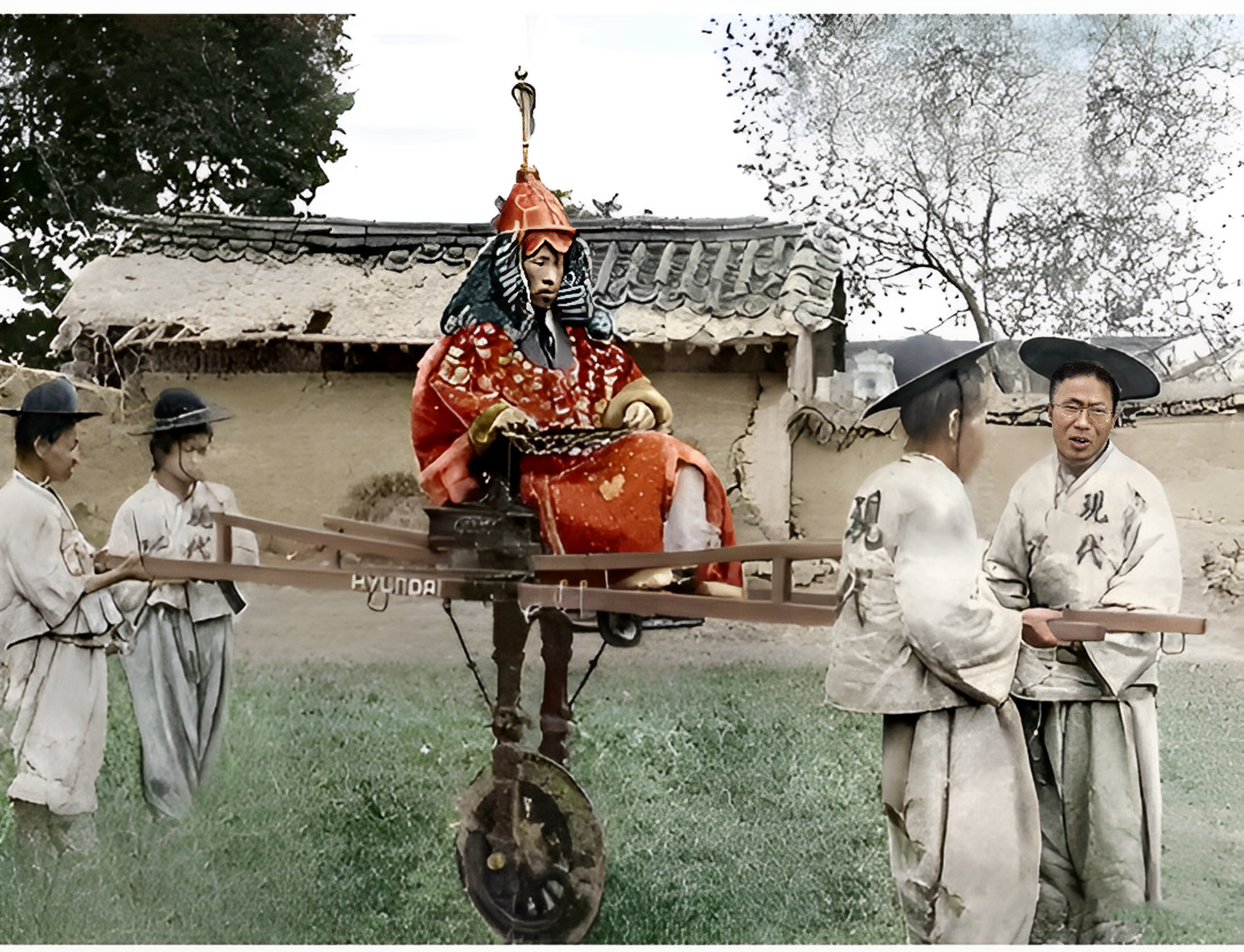 朝鲜时代,一位旅行的朝鲜贵族,图中他身穿铠甲,骑着别具一格的独轮车