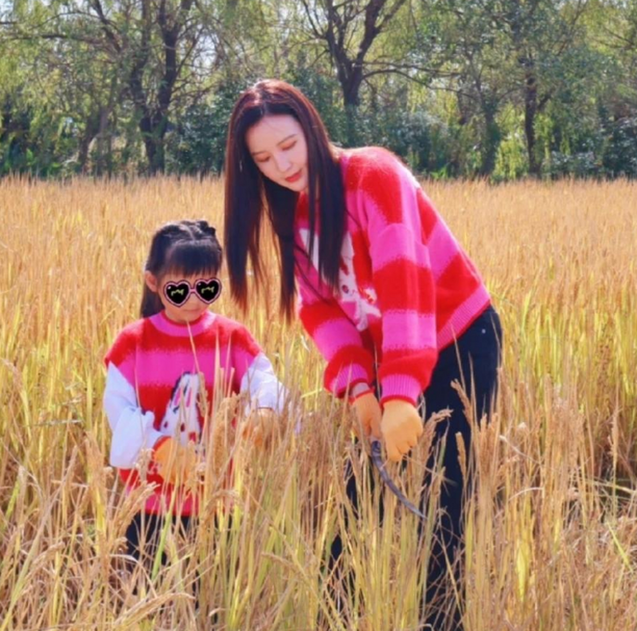 张萌带着女儿去体验农场生活,同框照像一对姐妹花,卫衣亲子装印着小