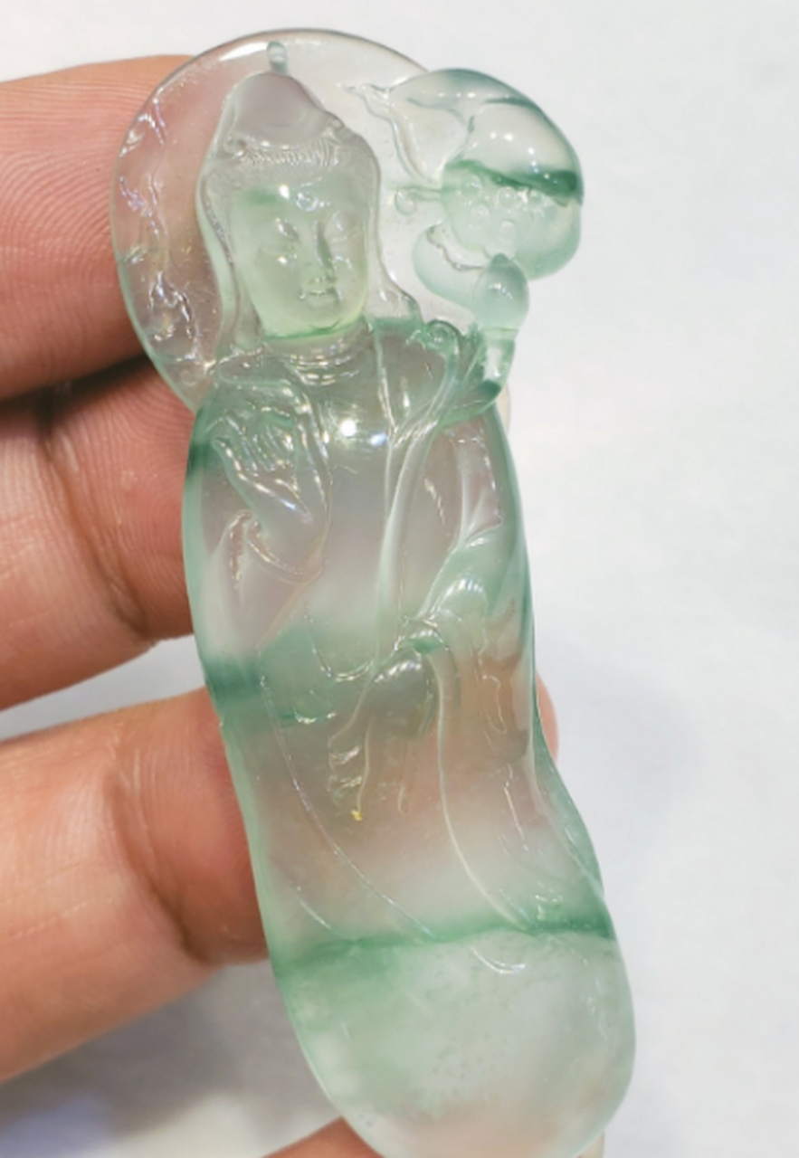 点击头像看直播##翡翠吊坠#《老坑玻璃种飘金丝绿·大势至菩萨》计腚