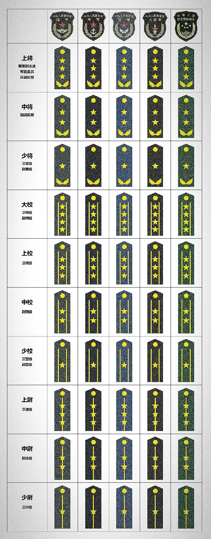 我军五大军种的军衔高清图,和对应级别