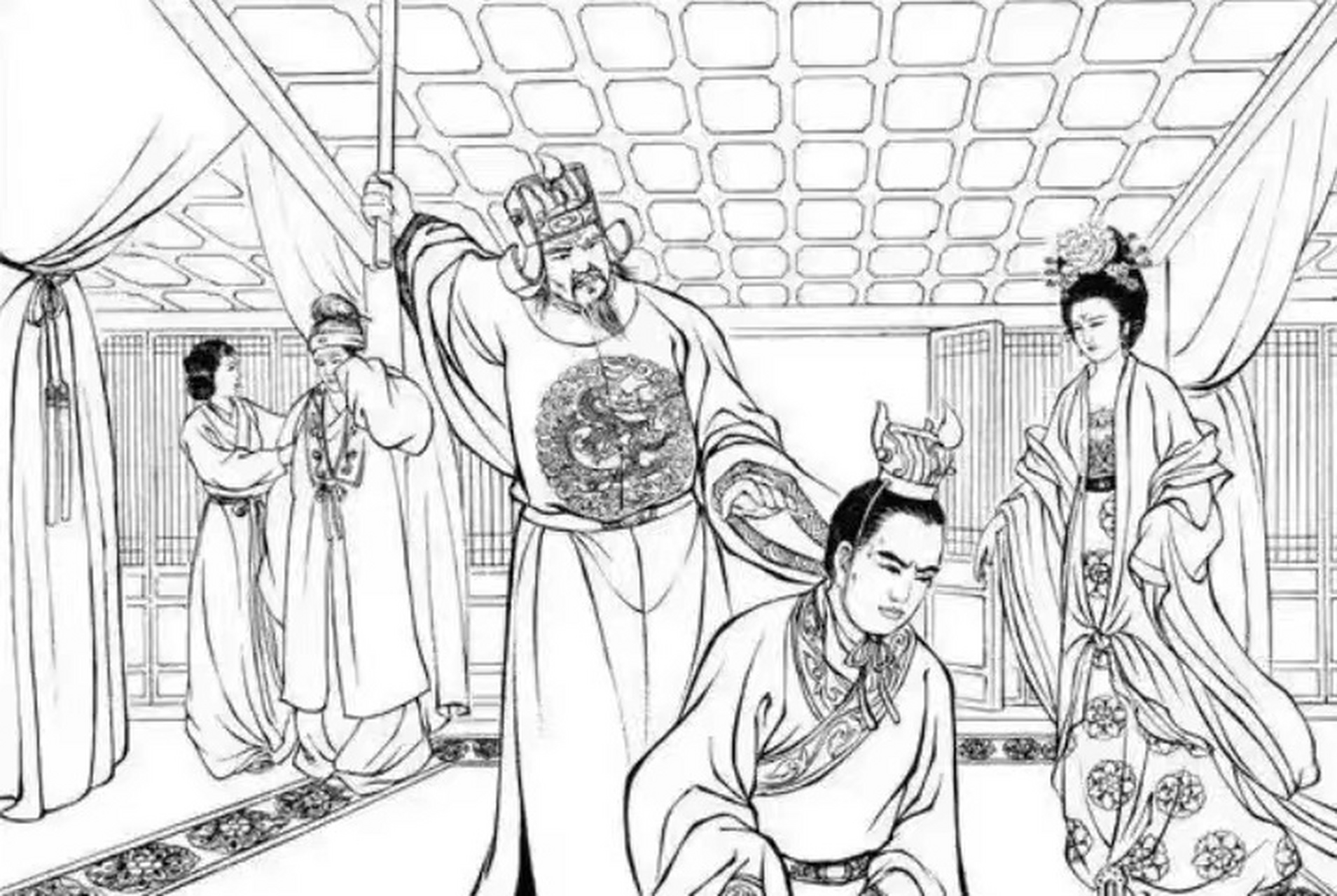 70岁的郭子仪正搂着6位美女给自己庆祝大寿,儿子郭暧前来贺寿.