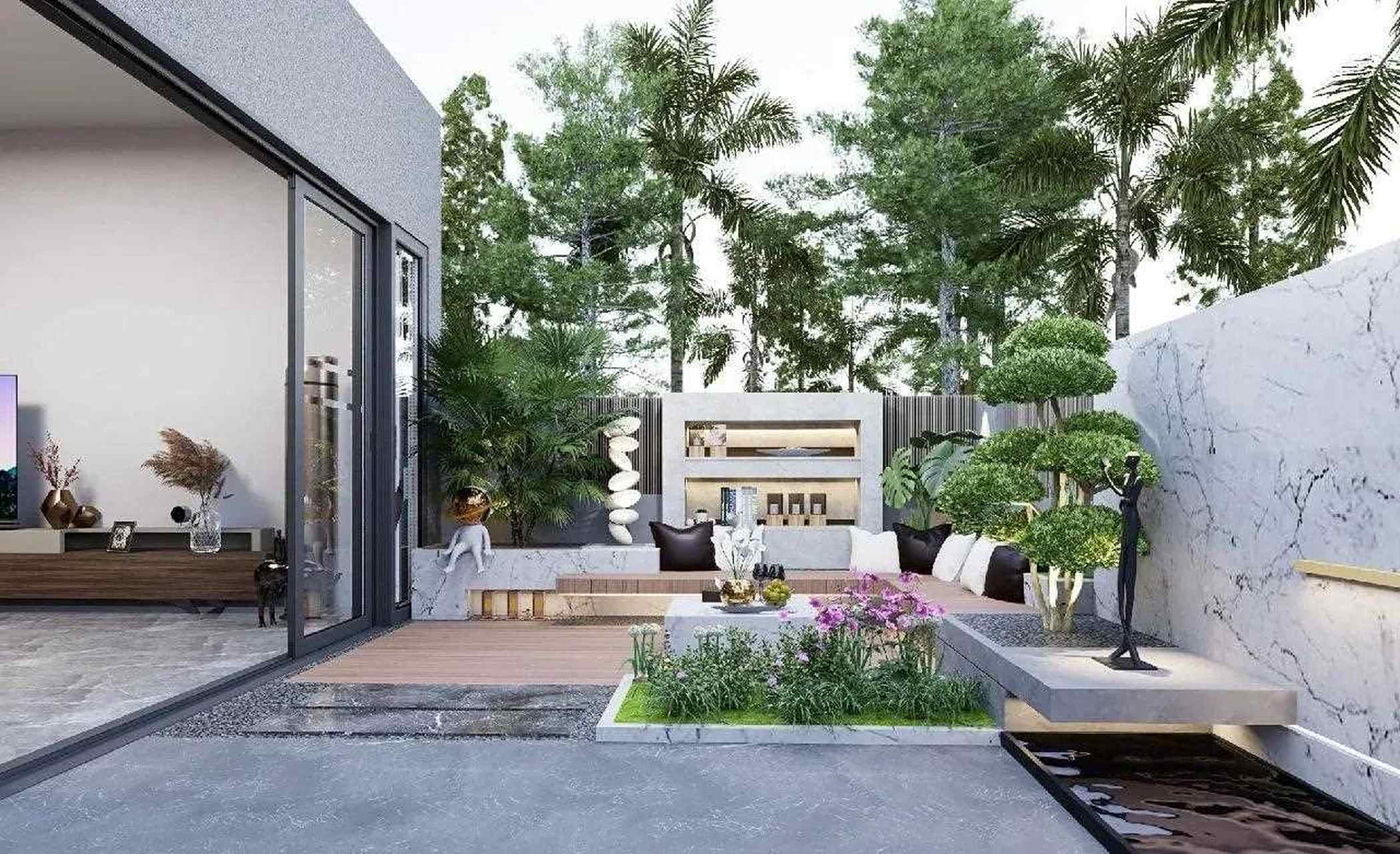 拥有这样的花园,现代简约花园设计 现代风格增加水景,给予了更多的